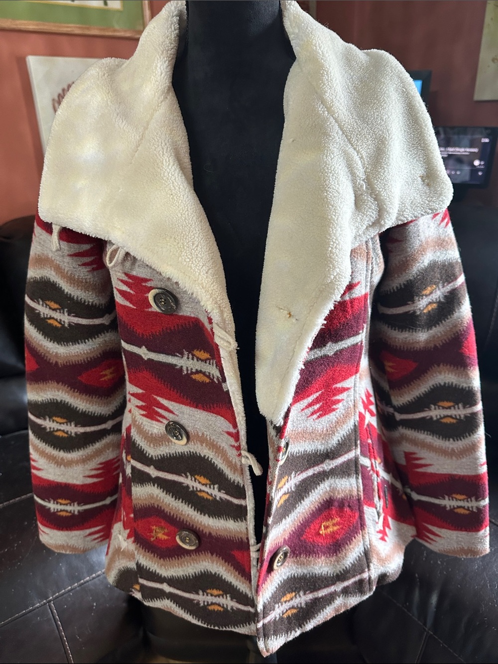 Aztec-Pattern Teddy Jacket with Cream Sherpa Collar - Red & Brown